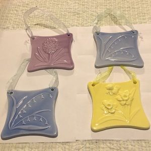 Flower tiles Hanging Decor 4 tiles Purple Blue & yellow Ceramic 5 x 5” Beauties